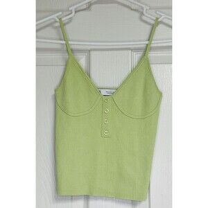 Zara Ribbed Tank Top Cami Size Small Lime Green Spaghetti Strap Faux Buttons
